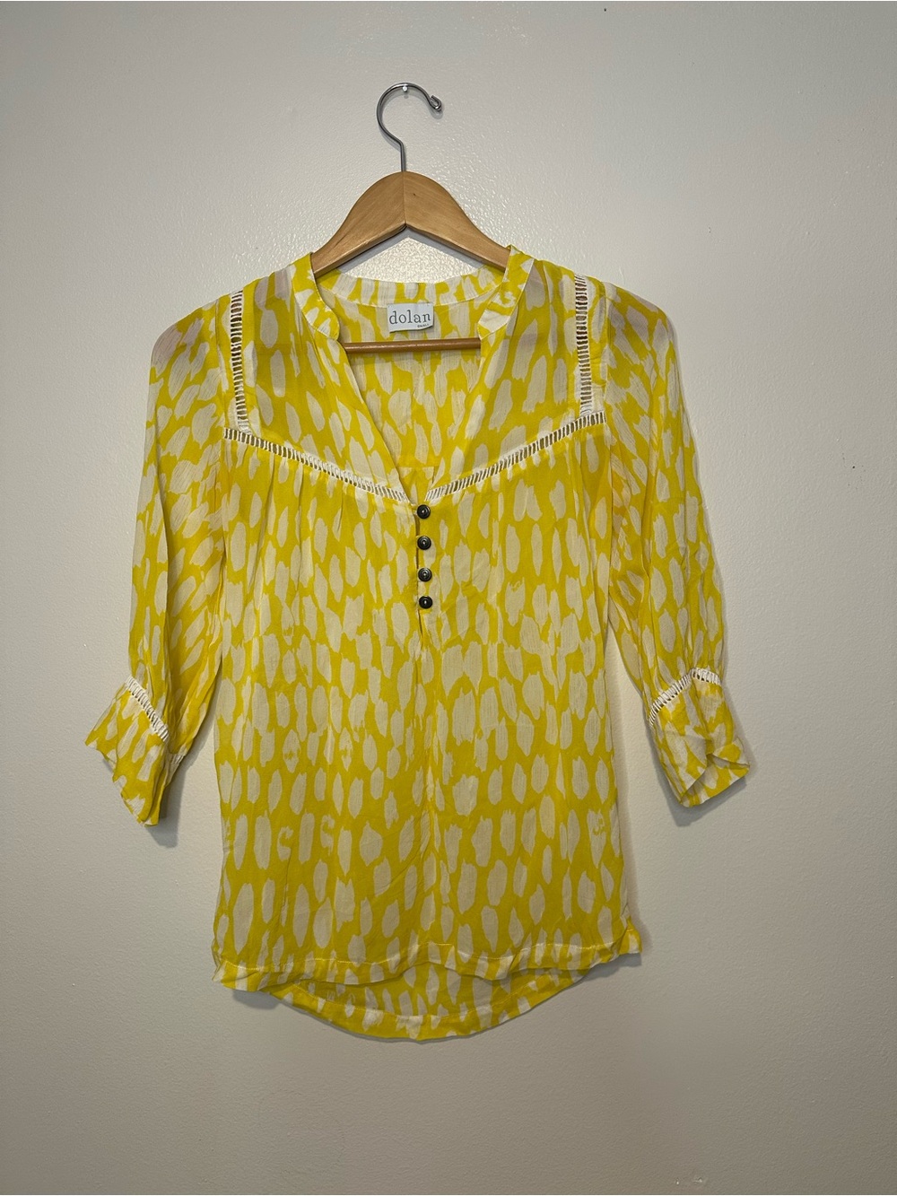 Dolan Anthropologie Yellow Patterned Silk Sheer Blouse size S resort boho chic